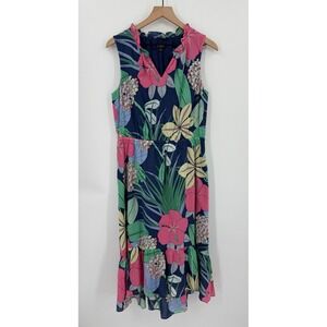 Talbots‎ Dress Womens 10 Petite Blue Pink Floral Print Ruffle Neck Sleeveless